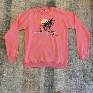 Vintage 1986 Cal Cru Women’s Pink Sunset, Plam Trees and Sailboat Sweatshirt M